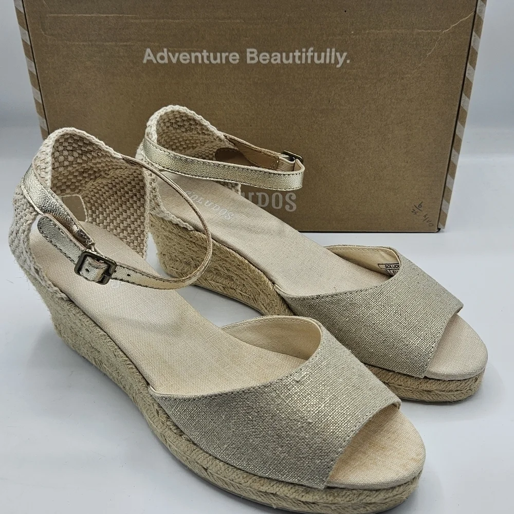 NWB Soludos open toe midwedge linen platinum sandals size 9
